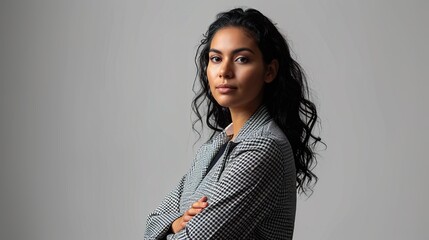 portrait attractive young Indian woman looking at camera, standing on white wall studio background isolated, confident millennial businesswoman