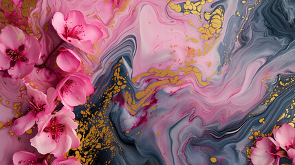 Abstract marble. Marble stone ink liquid fluid painted painting texture, pink petals, blossom flower. Swirls gold painted lines, luxury background banner