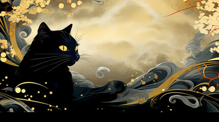 Wallpaper with a Black Cat in Japanese Style. 