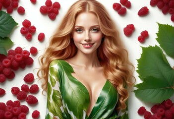 Obraz na płótnie Canvas Beautiful young woman with raspberries and leaves on white background