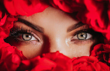 Macro woman eyes with vibrant make-up in roses flowers.Skin care, beauty concept