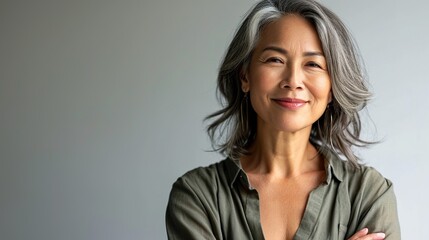 Obraz premium Portrait of beautiful, healthy smiling middle aged asian woman, cross arms on chest, looking confident and happy