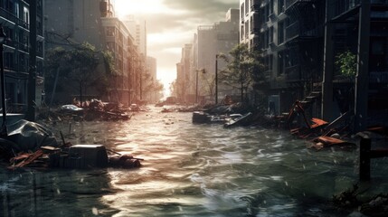 flooded urban area, emphasizing the consequences of extreme weather events generative ai - obrazy, fototapety, plakaty
