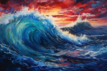 Sea wave at sunset,  Digital painting