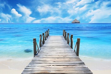 Wooden pier leading to beautiful tropical beach with blue sea and sky