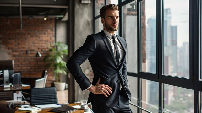 Portrait of confident businessman standing with hand on hip in office