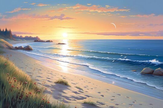 Beautiful seascape,  Nature composition,  Digital painting on canvas