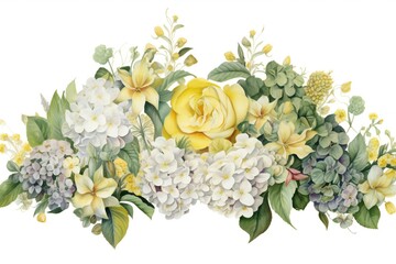 Watercolor floral border with hydrangea and roses, hand painted isolated on white background