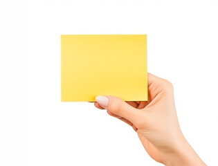 Woman hand holding yellow post-it notes mockup isolated on white background. Close up of hand showing square post it. Template with place for text. - obrazy, fototapety, plakaty