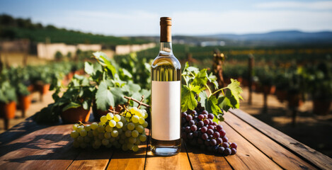 Wine bottle with blank label and grapes on wooden table and blurred autumn vineyards background....