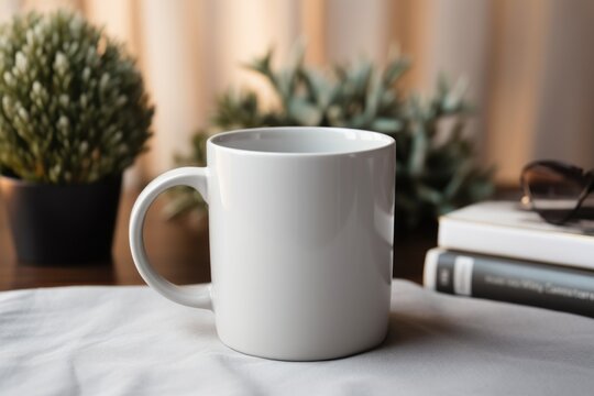 Blank white mug mockup photo on wooden table. AI Generated