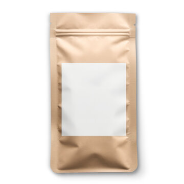 Blank brown aluminium foil plastic pouch bag sachet packaging mockup isolated on white background. Packaging template mockup collection. Easily apply your custom design on the label.