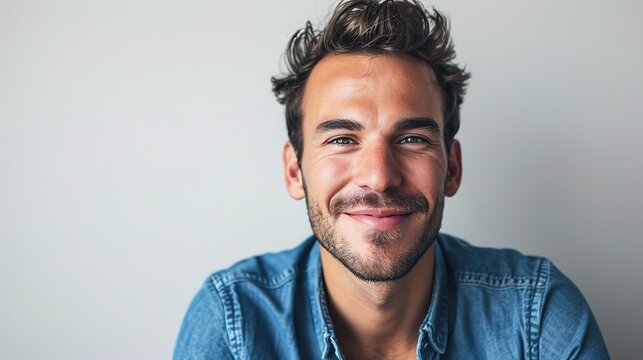 Portrait Of Handsome Man In Blue Shirt With Smiling Face. On White Background