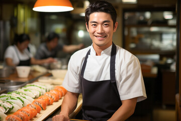 Portrait of a smiling Japanese chef in uniform. A chef, an itamae or master sushi chef wearing white jacket and apron in the kitchen. - obrazy, fototapety, plakaty
