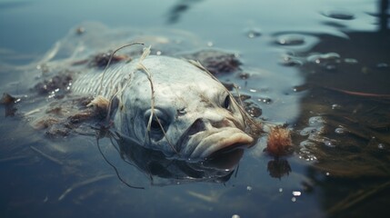 dead fish in a polluted river, highlighting water contamination issues generative ai