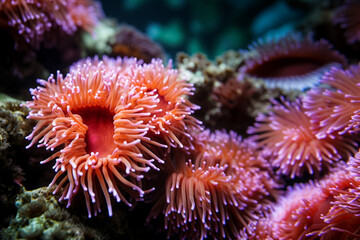 Naklejka na ściany i meble Anemone in the sea in neon light. Anemone actinia texture underwater reef sea coral