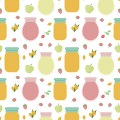 Seamless pattern with berries and fruits and jars of jam or juice in flat - 699174743