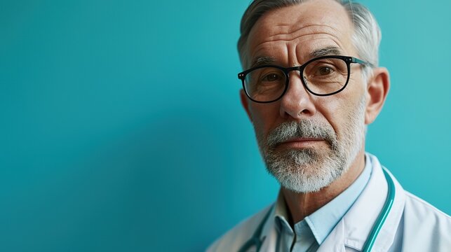 Portrait Of Mature Doctor With Eyeglasses Copy Space Ad New Isolated Over Bright Blue Color Background