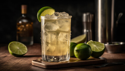 Refreshing lime cocktail with ice, citrus fruit, and fresh mint generated by AI