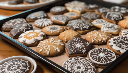 Homemade gingerbread cookies on a rustic wooden table, winter indulgence generated by AI