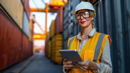 Portrait of successful female engineer with digital tablet at container warehouse. Senior woman in protective workwear looking at camera and smiling