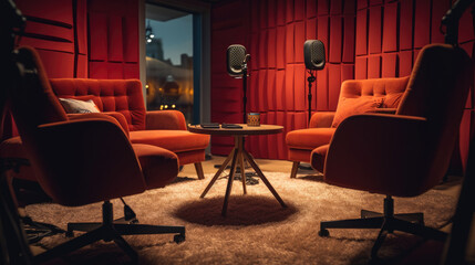Studio interior for podcast and interview with two chairs