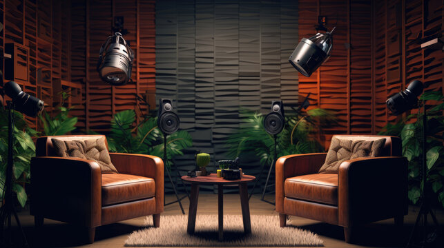 Studio interior for podcast and interview with two chairs