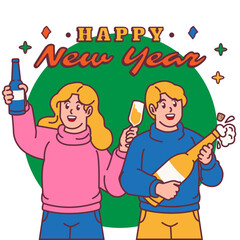 Happy New Year Cheerful young man and woman with glasses of champagne