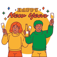 Happy New Year Cheerful young man and woman with glasses of champagne