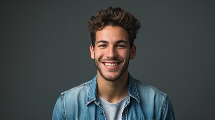 Fototapeta premium Portrait of young smiling man in denim shirt isolated on gray background