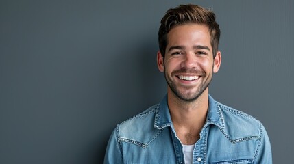 Portrait of young smiling man in denim shirt isolated on gray background