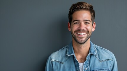 Obraz premium Portrait of young smiling man in denim shirt isolated on gray background