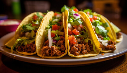 Grilled beef taco on flatbread with guacamole and cilantro generated by AI