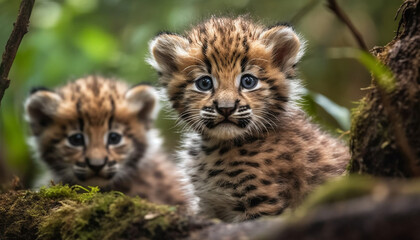 Obraz premium Cute young tiger cub playing in the grass, looking at camera generated by AI