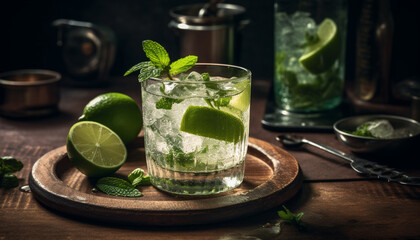 Refreshing mojito cocktail with lime, mint leaf, and citrus fruit generated by AI - obrazy, fototapety, plakaty
