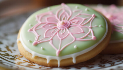Obraz na płótnie Canvas Homemade gourmet cookie with pink icing on a decorative plate generated by AI