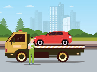 Car towing truck, evacuator or roadside assistance service vector illustration. Wrecker breakdown lorry loading and transportation flat concept 