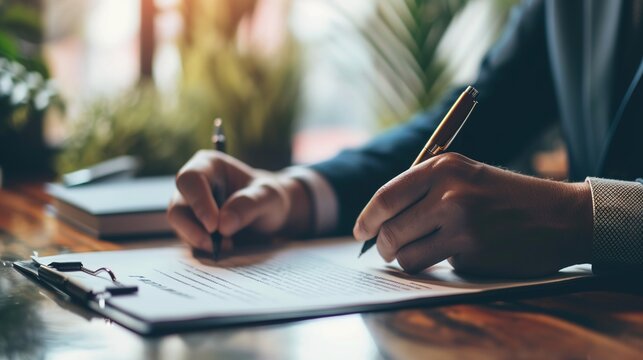Real estate agent holding pen pointing at contract document for client to sign home purchase agreement