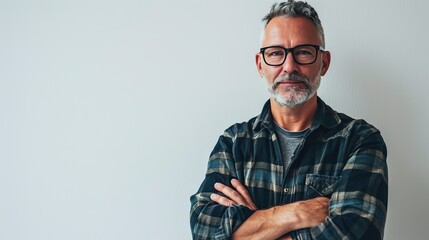 Relaxed middle-aged man wearing glasses standing with folded arms over a white background looking at the camera - obrazy, fototapety, plakaty