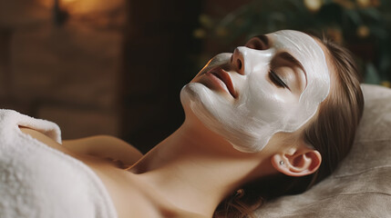 A woman is lying down enjoying a cream facial mask treatment at the spa