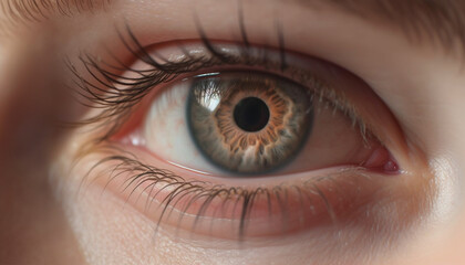 Fototapeta premium Close up of a caucasian woman blue eye, staring at camera generated by AI