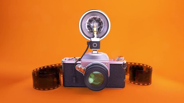 3d animation of an old retro vintage camera equipment and lens hobby scene with flash light effect and film in background. Orange studio photography lighting. 