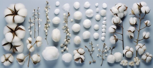 Flat illustration of a set of different types of ripe cotton all over the surface, blue background.