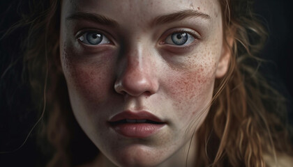 One beautiful woman with blue eyes looking at the camera generated by AI