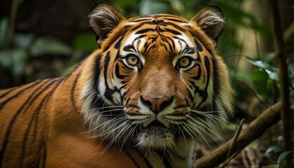 Majestic Bengal tiger, fierce and wild, staring into the camera generated by AI