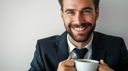 Smiling businessman having coffee against white background