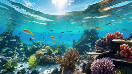 Tropical fish swim through a vibrant coral garden