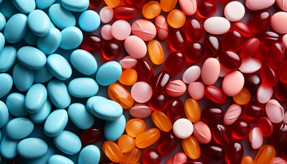 A colorful pill pattern symbolizes healthcare and medicine generated by AI - obrazy, fototapety, plakaty