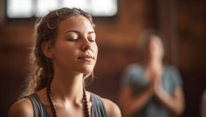 Young woman meditating, focusing on wellbeing and relaxation, serene and confident generated by AI