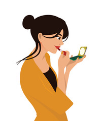 Beautiful young woman character doing make up. Table with makeup, cosmetics and wound mirror. Girl holding brush and powder. Vector flat cartoon illustration in trendy style.
